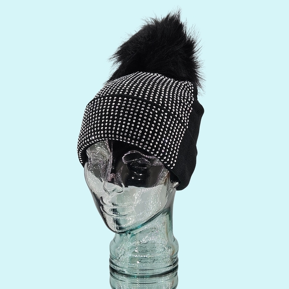 Adrienne Landau Hat Beanie Black Embellished Faux Fur Pom Pom Holiday Outdoor main image 5